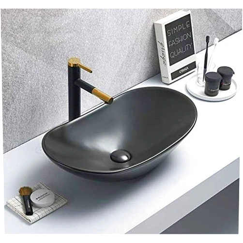 InArt Above Counter Vessel Sinks,Bathroom Sink, Ceramic Vessel Sink Porcelain Oval Black Matte Color Vessel Sink 63.5 x 35 x 16 CM