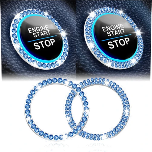 LivTee 2 PCS Crystal Combinatorial Rhinestone Car Engine Start Decoration Ring, Push to Start Button Cover/Sticker, Bling Car Interior Accessories for Women, Key Ignition&Knob Bling Ring, Light Blue