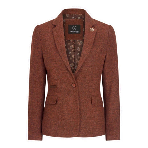 TruClothing Ladies Blazer Tweed Herringbone Wool Classic Smart Casual Vintage Rust Brown