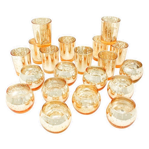 Just Artifacts 24pcs Assorted Gold Mercury Glass Votive Candle Holders (12pc 2-Inch Round, 12pc 2.75-Inch)