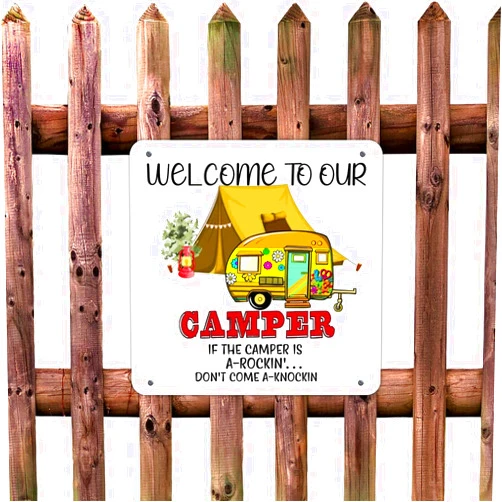 Lutieger Farmhouse Rustic Camping Signs with Saying Welcome to Our Camper Metal Tin Sign Camping Outdoor Decorations Lake House Mountain Gift for Dreamer and Traveler Fade Resistance Country Wall Art
