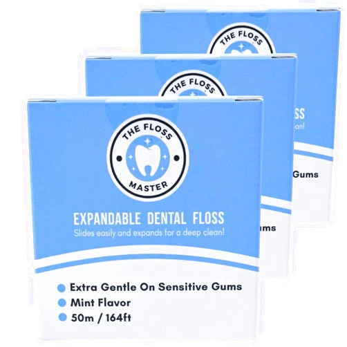 The Floss Master Expandable Dental Floss 3 Pack I Plastic-Free Dispenser I 50 Meter / 164 feet per Pack I Gentle Glide for Effective Cleaning I Mint Flavor