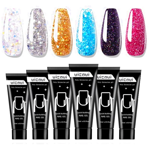 XINLLAN Glitter Poly Nail Extension Gel Kit - Nail Extension Gel 6 Colors Builder for Nails Art Salon at Home, Quick Building Nail Extensions Gel 6PCS 15ml-Pink Silver Gold Blue Purple Red