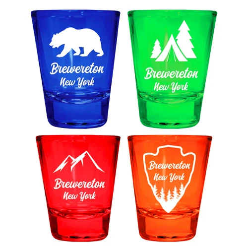R and R Imports Brewereton New York Souvenir 4-Pack Multicolor Engraved Round Shot Glasses Camping and Outdoors Set