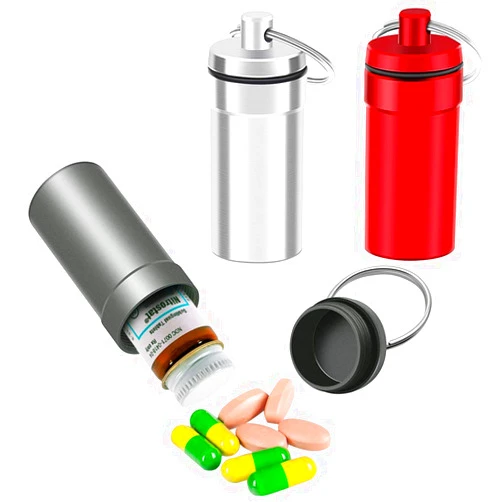 EFFIET 3 Packs Waterproof Aluminum Pill Fob Container, EFFIET Nitro Bottle Holder Nitroglycerin Pill Case Emergency Keychain Pill Holder for Medicine Organizer Dispenser (Silver-Matt-Red)