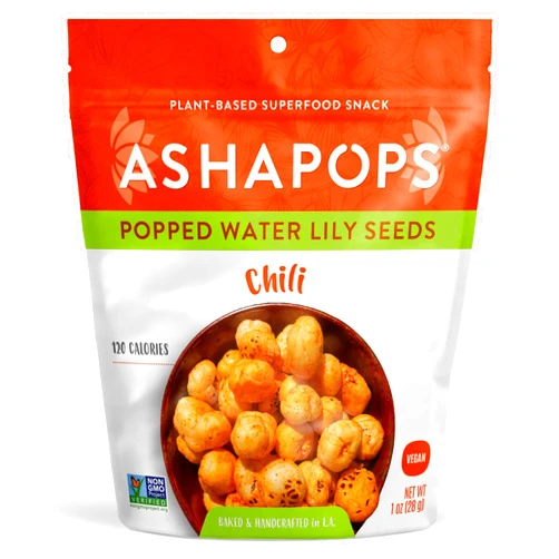 AshaPops Chili Flavored Popped Water Lily Seeds - Gluten-Free, Vegan, Paleo, Nut-Free, Corn-Free, Soy-Free, Non-GMO, Delicious Plant-Based Crunchy Snack, 1 oz (Pack of 6)