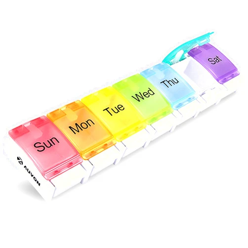 AUVON Weekly Pill Organizer Arthritis Friendly, BPA Free Travel 7 Day Pill Box Case with Spring Open Design and Large Compartment to Hold Vitamins, Cod Liver Oil, Supplements and Medication
