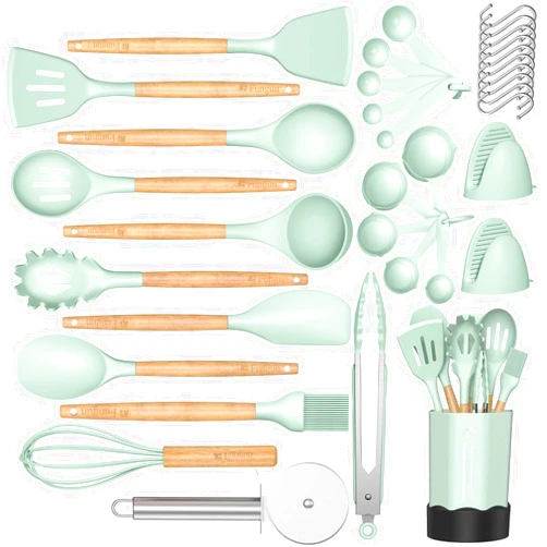 Fungun Silicone Cooking Kitchen Utensil Set, Fungun 35 pcs Kitchen Utensils Tools Wooden Handle Spoons Spatulas Set Cookware Turner Tongs Whisk Kitchen Gadgets with Holder