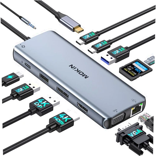 MOKiN USB C Docking Station Dual Monitor,Laptop Docking Station 3 Monitors,MOKiN 12 in1 USB C Dock Hub Multiport Adapter with 4K HDMI+DisplayPort+VGA,100W PD,4 USB Ports,Ethernet,SD,Audio for Dell/HP/Lenovo