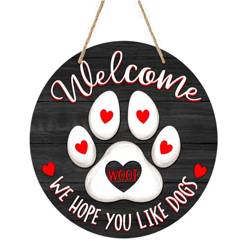Deroro Welcome We Hope You Like Dogs Front Door Sign, Dog Cat Paw Print Black Farm Wood Door Hanger Outdoor Porch Decor, Woof Farmhouse Wooden Wreath Indoor Wall Hanging Decoration Dog Lover Gifts