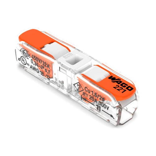 WAGO Lever-Nuts Inline Splicing Connector for Solid and Stranded Conductors, 2-Conductor with Operating Levers, 20-12 AWG, Transparent Housing, White Cover [60 Pieces]
