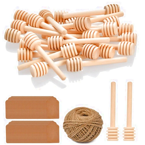 FOCCTS 100pcs Honey Dipper Sticks, 3 inch Wooden Honey Dipper Honey Stirrers Honey Spoon with Natural Jute Twine Kraft Paper Tags for Honey Jar Dispense Drizzle Honey Wedding Party Favors Honey Server