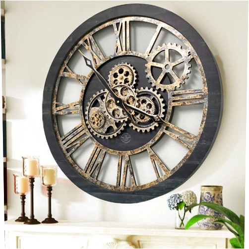 ImprovingLife The Gears Clock The Original Real Moving Gear Wall Clock Vintage Industrial Oversized Rustic Farmhouse (24 inch (60cm), Vintage Black Wood and Bronze)
