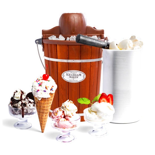 Nostalgia Electric Ice Cream Maker - Old Fashioned Soft Serve Ice Cream Machine Makes Frozen Yogurt or Gelato in Minutes - Fun Kitchen Appliance - Vintage Wooden Style - Dark Wood - 6 Quart
