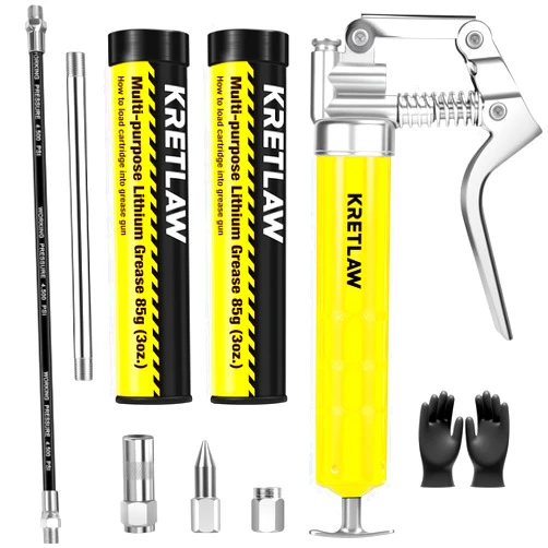 KRETLAW Mini Grease Gun (3000PSI) with Double 3oz Cartridge Grease and 12'' Flex Hose, Reinforced Coupler for Automotive, Yellow