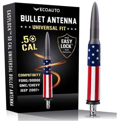 EcoAuto EasyLock 50 Cal Bullet Antenna™ – Universal Fit for Ford/Dodge, GMC/Chevy, Jeep (2007+) Truck Antenna Accessories, New Anti Safeguard Theft Design – Short Replacement Antenna for Truck