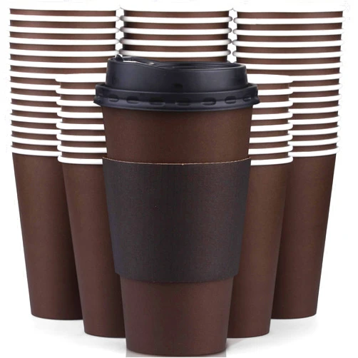 Promora 16 oz Brown Disposable Coffee Cups with Lids & Sleeves, Hot Coffee Cup Sleeves Disposable, Premium Insulated To Go Coffee Paper Cups with Lids & Sleeves (16 oz, Pack of 100) Brown and Black
