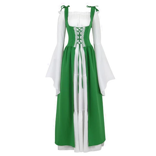 Lehauya Womens Renaissance Costume Medieval Irish Over Dress and Trumpet Sleeves Chemise Boho Set
