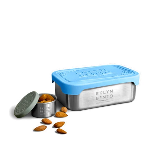 BKLYN BENTO PEACE & LOVE FROM BROOKLYN, N.Y. Stainless Steel Food Container & Condiment Holder | Leak Proof Silicone Lid | Metal Lunch Box | Bento Box | Portion Control Snacks Dressings [2 PCS Set/Blue]