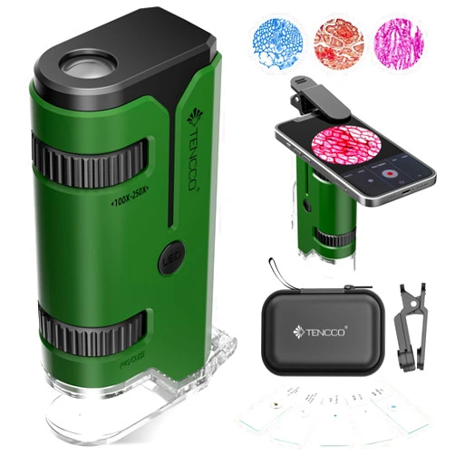 TENCCO 100x-250x Mini Pocket Microscope for Kids Adults, Protable Handheld Microscope with 5 Microscope Slides, Phone Adapter, Miniscope Portable Microscope Kit for Kids Adults Science Lab Education, Green