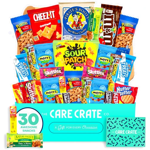 The Care Crate Co. Small Snack Box Care Package ( 31 Piece Variety Pack ) Chips, Candy, Peanuts, Popcorn, Cookies, Gummy Snacks, Chocolates and More - The Care Crate Co.
