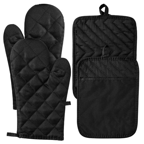 R HORSE 4Pcs Oven Mitts Pot Holders Set for Kitchen, Cotton Lining Heat Resistant Oven Gloves Black Kitchen Mittens Hot Pads Pot Holder with Pocket & Hanging Loop Trivets for Cooking Baking Grilling