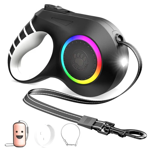 Marchelves Retractable Dog Leash with LED Light, 20ft Dog Leash Retractable with Chew Proof Wire Rope Poop Bag Dispenser for Medium Large Dog Up to 110lbs, Rechargeable, Nylon Tape (Black)