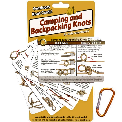 ReferenceReady Outdoor Knots - Waterproof Knot Tying Cards with Mini Carabiner - Includes 22 Rope Knots for Camping, Backpacking, and Scouting Scenarios