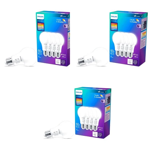 PHILIPS LED 60W A19 12-Pack Selectable White Multi-CCT 800 Lumen (8W = 60W) Dimmable Frosted Flicker-Free Light Bulbs