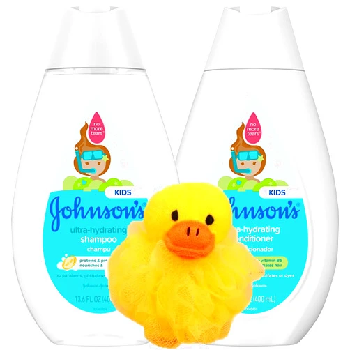 Partypom Johnson's Ultra Hydrating Shampoo and Conditioner Set for Kids, Tear Free Hypoallergenic & Gentle for Toddler's Hair, 13.6 fl. oz Each with Bonus Animal Bath Loofah