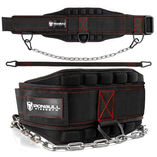 Iron Bull Strength Advanced Dip Belt V2 – Heavy-Duty Weighted Belt with Reinforced Back, Chain & Nylon Strap – 3-Point Anchor D-Rings for Dips, Pull-Ups, Squats & More