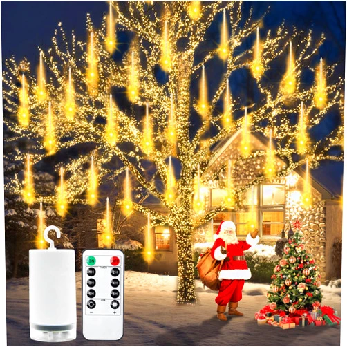 Echosari Meteor Shower Rain Lights - 12 Inch 8 Tube 192 LED Battery Powered Christmas Lights Outdoor, Waterproof Falling Rain Decor for Xmas Tree Holiday Party Patio (Warm White)