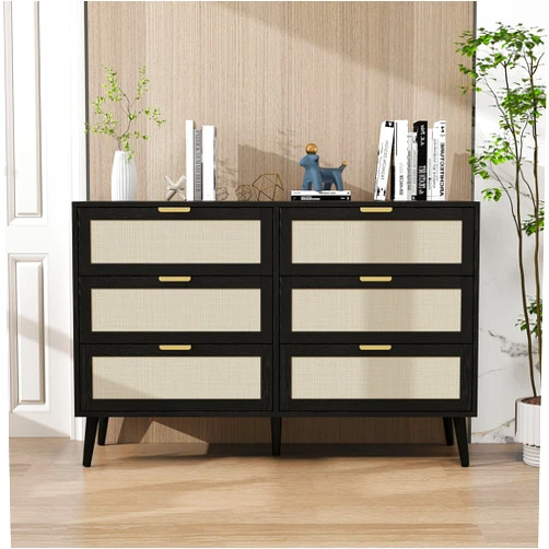 KISENG Drawer Rattan Storage Cabinet, Modern Double Dresser for Bedroom, no Burrs Modern Wooden Dresser Chest for Living Room Accent Cabinet with Solid Wood Feet (Black)