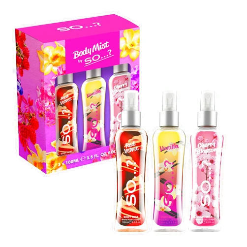 So...? So…? Body Mist Set - Perfumes for Women - Vanilla Perfume, Red Velvet, Cherry Blossom - Scents Lasting 6 Hours - Fragrance Gifts for Women - 3 pcs