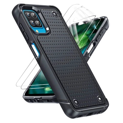 LeYi for Galaxy A12 Phone Case, Samsung Galaxy A12 Case with [2 Pack] Screen Protectors, Shockproof Heavy Duty Dual Layer Protective Hard PC Textured Back & Soft Bumper Case for Galaxy A12, Black