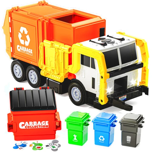 JOYIN Large Friction Powered Garbage Truck Toy Set, Includes Dumpster, Trash Bins, and Learning Cards for Kids, Orange