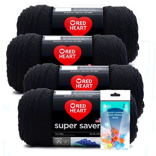 Benzy Black - Red Heart Super Saver Yarn 4 Pack (7oz Each) Bundled with Benzy Stitch Markers (20ct) for Knitting, Crocheting, Craft Projects, and Gifts
