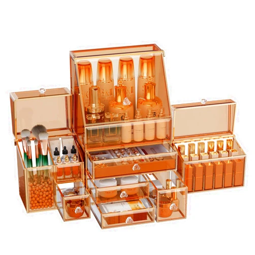 Youdepot Makeup Organizer Countertop Cosmetic Organizer Tempered Glass Multi-Functional 5-in-1 Cosmetic Display Cases, Stackable Vanity Organizer Jewelry and Makeup Organizer Amber