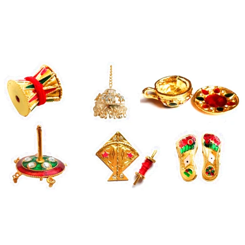 NandAnand Janmashtami Special !!! NandAnand Laddu Gopal Toys Set- Includes 1 Chatar, 1 Firki, 1 Damroo, 1 Cup Saucer, 1 Kite with Firki and 1 Khadau (Color: Assorted, Pack of 6)