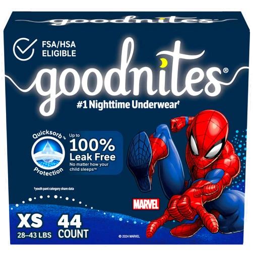Goodnites Boys' Nighttime Bedwetting Underwear, Size Extra Small (28-43 lbs), 44 Ct (2 Packs of 22), Packaging May Vary