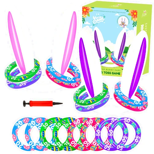 Dokeawo Easter Inflatable Bunny Ears Ring Toss Games (2 Sets & 8 Rings), 11Pcs Inflatable Ring Toss Games for Easter Basket Stuffers, Easter Games, Easter Gifts for Kids/Teens/Girls/Boys