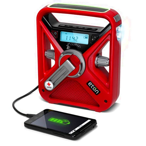 Eton - American Red Cross FRX3+ Emergency NOAA Weather Radio, Red, Digital Display, Hand Turbine, Solar Power, Red LED Flashing Beacon, 7 NOAA/Environment Canada Weather Bands, Phone Charger