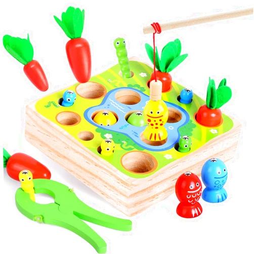 MoreFeel Wooden Toy for Toddler 1 2 3 Years Old - Montessori Toys for Boys Girls 3 in1 Preschool Kids Carrots Learning Magnetic Fishing Games,Baby Educational Sorting Grasp Sensory Developmental Birthday Gifts