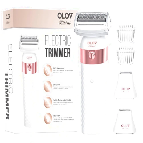 OLOV BIKINI Trimmer Women, Electric Shaver for Women, IPX7 Waterproof Wet & Dry Electric Razors, Bikini Legs Underarm Public Hairs Rechargeable Trimmer with 3 Trimmer Heads-Gold