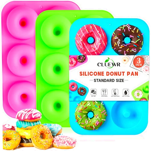 CLUEWR Silicone Donut Pans, 3 Pack Donut Molds for Baking Non-Stick Doughnut Pans for 6 Doughnuts, Oven and Dishwasher Safe