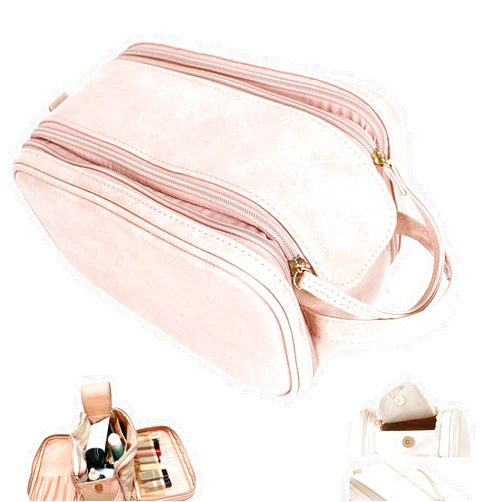 Flechazcho Large-Capacity Travel Cosmetic Bag [Double Side 3 Regions] Large Travel Makeup Bag for Women Portable Leather Cosmetic Storage Organizer Skin Care Essentials Accessories (Pink)