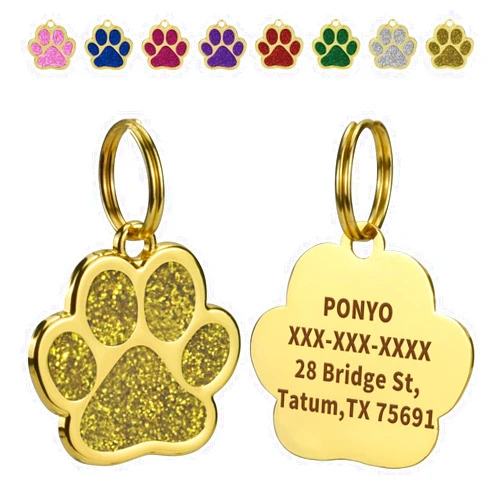 Olodeer Personalized Pet ID Tags for Dogs and Cats,Custom Engraved Pet Information,Zinc Alloy Cute Gold Paw Shaped Dog Collar ID Tag.
