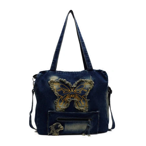 KANGDAWEI Y2K Retro Denim Tote Bag, Large Capacity Jean Purse, Adjustable Crossbody Bag with Zipper Pocket