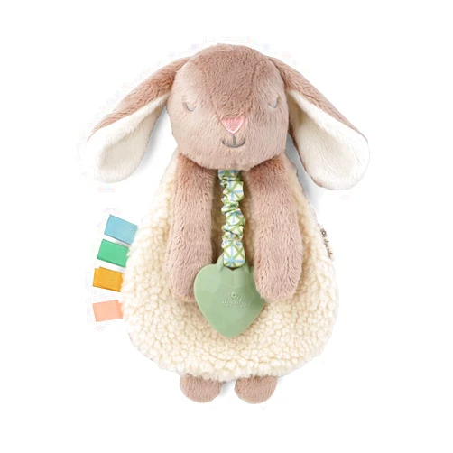 Itzy Ritzy - Itzy Lovey Including Teether - Baby Lovey with Teether, Textured Ribbons & Dangle Arms - Features Crinkle Sound, Sherpa Fabric and Minky Plush (Taupe Bunny)