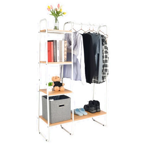 Dutis ALUPOM 59'' Height Metal Garment Racks, 4 Tier Freestanding Clothing Rack with Wood Shelves and Shoe Rack for Bedroom Entryway Boutique, White